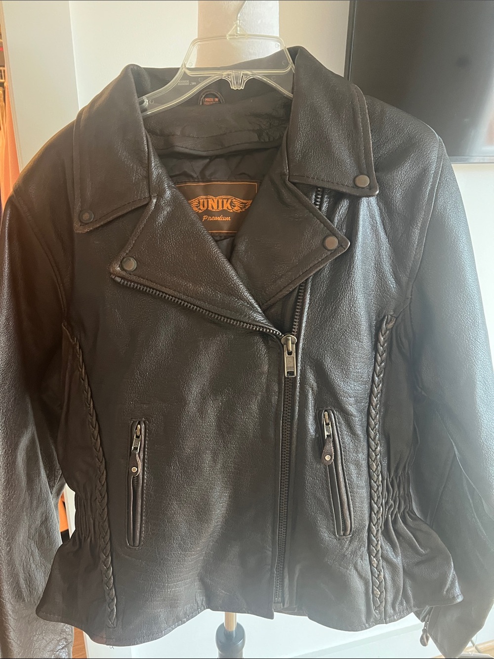 Unik Brown Leather Biker Jacket with Braided Side Panels
